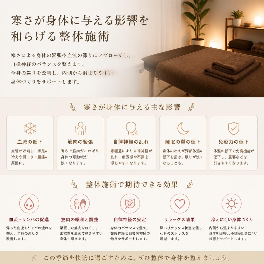 寒さが身体に与える影響を和らげる整体施術