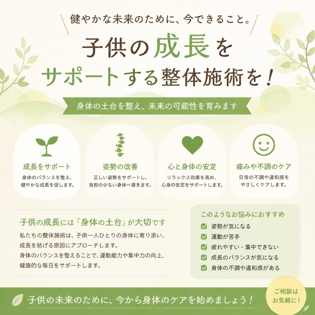 子供の成長をサポートする整体施術を！
