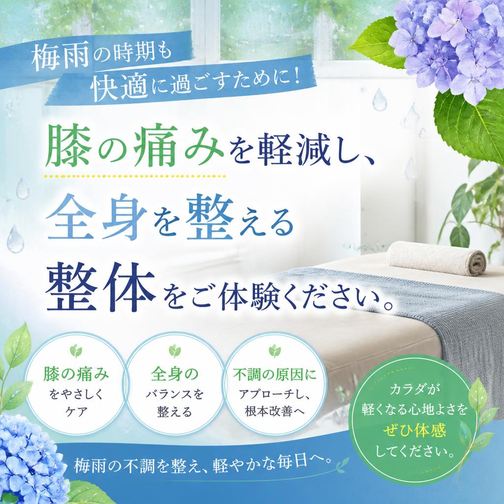 梅雨の時期も快適に過ごすために！膝の痛みを軽減し、全身を整える整体をご体験ください。