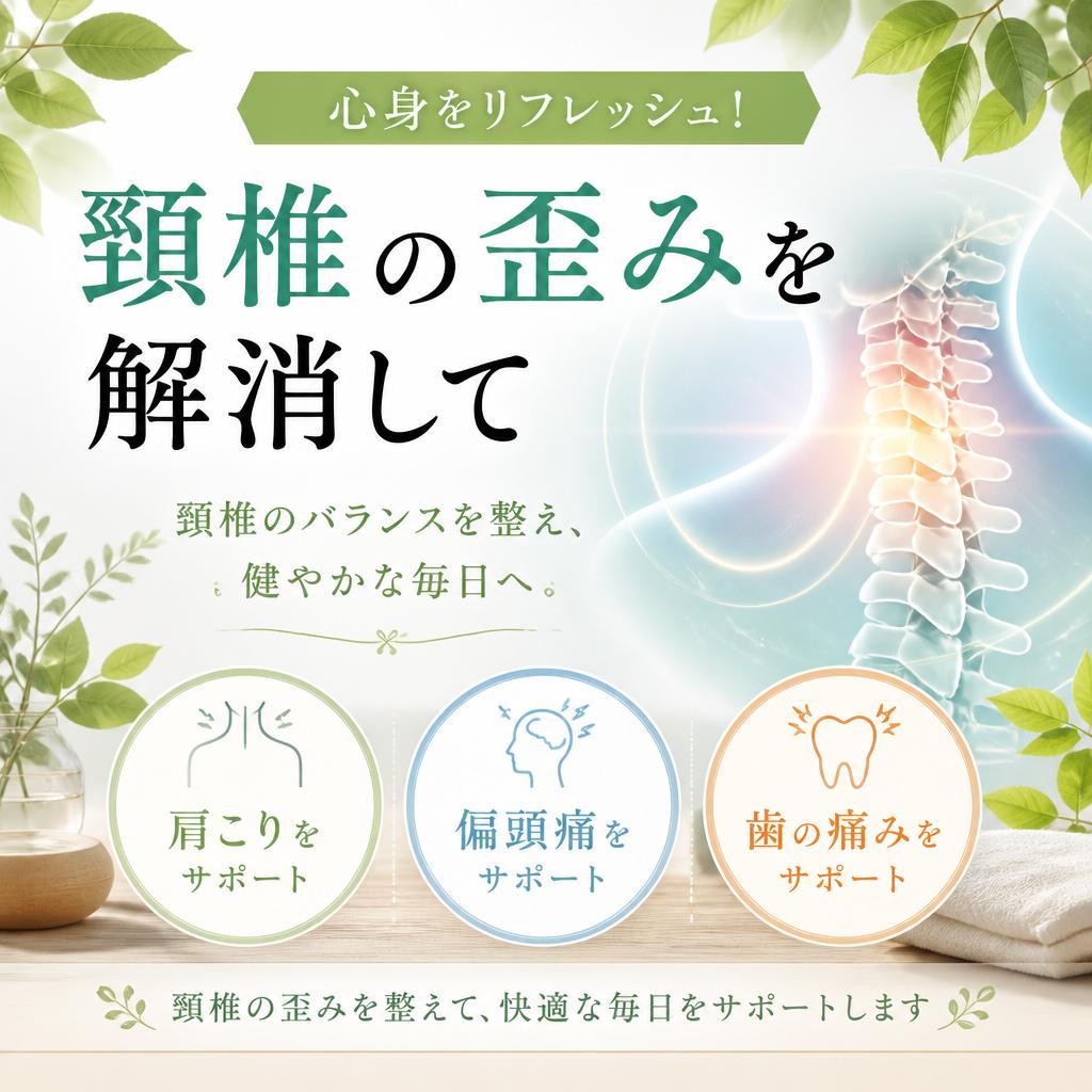 心身をリフレッシュ！頸椎の歪みを解消して、肩こり・偏頭痛・歯の痛みをサポート