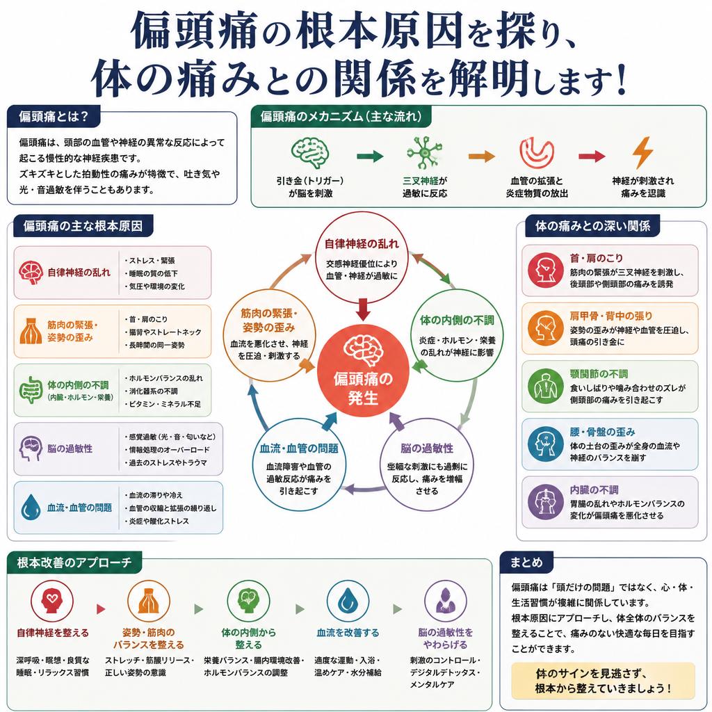 偏頭痛の根本原因を探り、体の痛みとの関係を解明します！