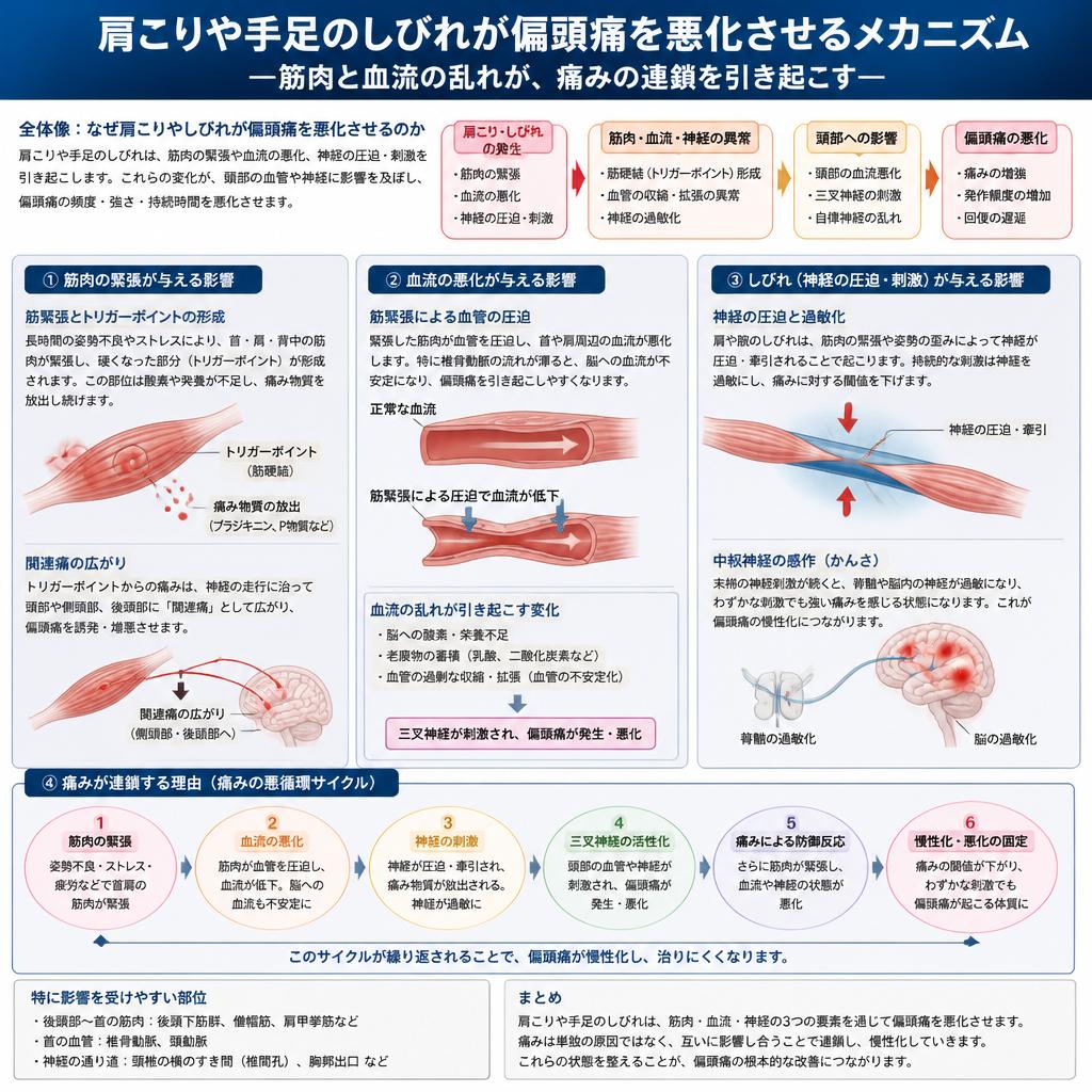 肩こりや手足のしびれが引き起こす偏頭痛